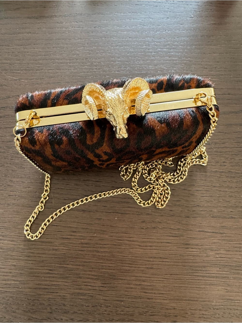 C.Wonder Genuine Leather Leopard Pony Hair Ram Head Clutch Crossbody Bag - Picture 2 of 6
